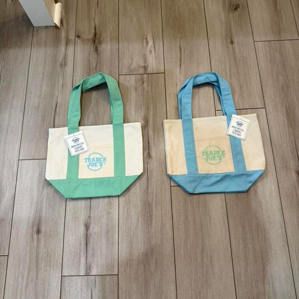 Trader Joe's Mini Pastel Canvas Tote Bag Set‎ Mint Green and Light Blue NWT